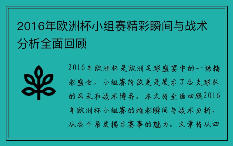 2016年欧洲杯小组赛精彩瞬间与战术分析全面回顾